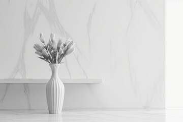 Displaying products on a marble table against a background of a light gray white wall. Model of an interior scenario.