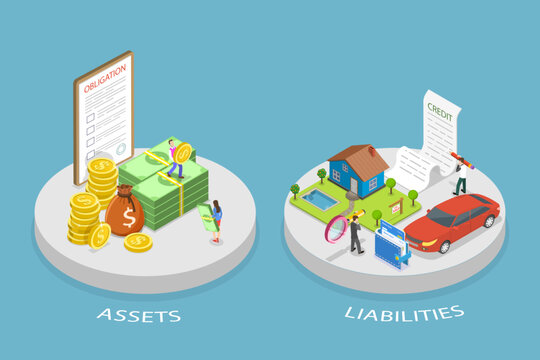3D Isometric Flat Vector Conceptual Illustration of Assets And Liabilities, Balance with Debts and Incomes