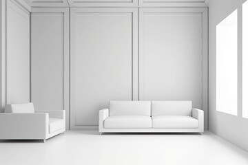Modern white sofa in white empty room. On the wall, three empty mockup canvases. Design template. Concept for a presentation. White wall with a shadow on it. Parquet.