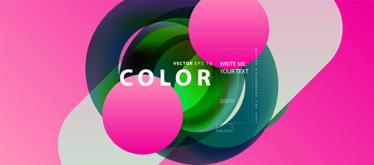 New Trend 2023 Round objects Pink Barbie style futuristic neon abstraction background. Graphic elements different colors line shapes and round shapes