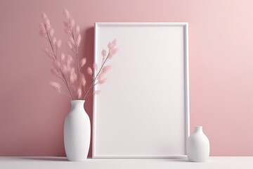 Poster frame mockup in a contemporary setting with a white frame and plants in a vase. pink wall as a backdrop Scandinavian design