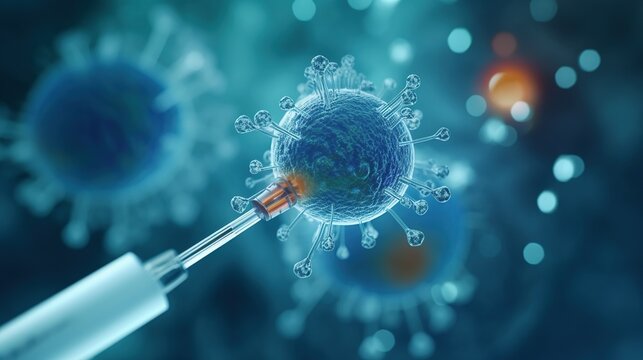 A vaccin against virus. Breakthrough in the сreating of a vaccine. Futuristic abstract background for medicine or pharmacology. Generative AI illustration for banner, cover, brochure or presentation.
