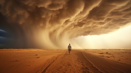 Fototapeta na wymiar Man going into sandstorm. Dramatic sand storm in desert. Digital art. Abstract desert landscape background. Sand dune. Danger and power of wild nature. Generative AI illustration for design.