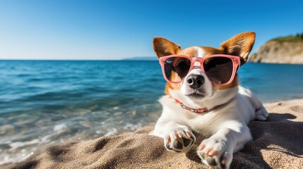 A dog in sunglasses lies and rests on the seashore. Summer relax. The concept of summer tourism. Generative AI illustration for cover, card, postcard, interior design, decor, invitations or print.