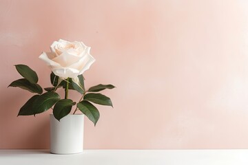 On a table near a pale pastel pink wall, a single fresh white rose with green foliage is shown. Vacant space for motivational, emotive, or emotional content, a gorgeous quote, or upbeat sayings. in