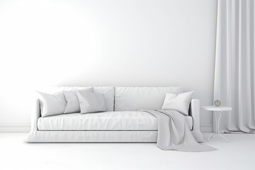 Interior of a gray-floored living room with a long, cozy white couch in front of a TV. a mockup