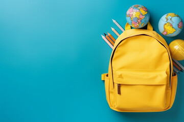 School backpack and supplies isolated on a blue background. High quality photo