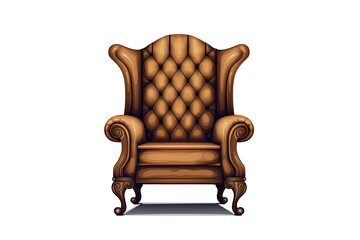 Isolated on a white background, a traditional chair with brown leather and walnut wood. digital representation