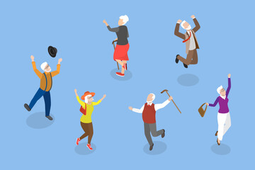 3D Isometric Flat Vector Conceptual Illustration of Happy Seniors, Retired Dancers