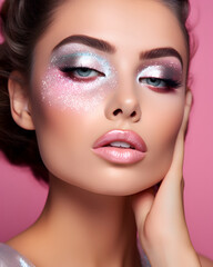 Fototapeta premium Portrait of a beautiful woman with a fancy glitter color makeup