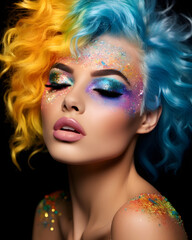 Obraz premium Portrait of a beautiful woman with rainbow hairs and a fancy glitter color makeup