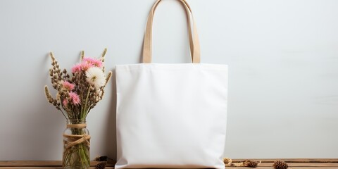 AI Generated. AI Generative. White tote bag mockup with plant background. Eco carry shopping container. Graphic Art