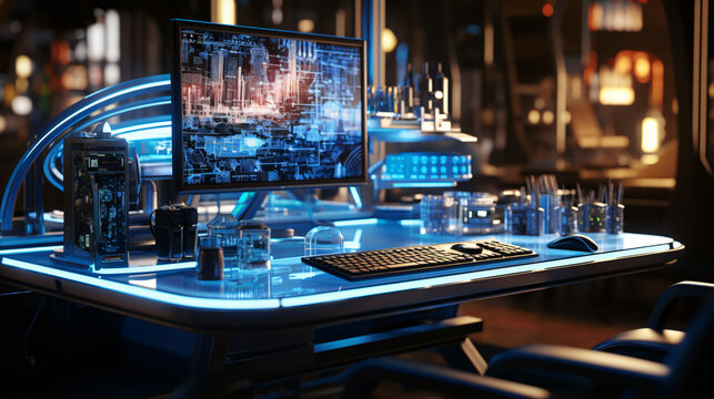 working place with computer at the evening working at data analyse