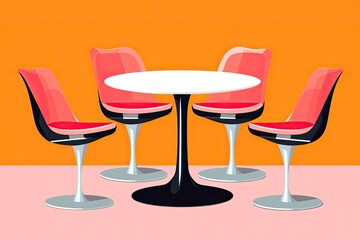 Dining room table and chairs, flat design, isolated on pink and orange background.