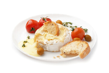 Plate of tasty baked Camembert cheese on white background