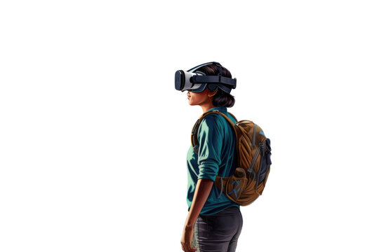 young person wearing ar or vr headset glasses isolated on a transparent background, generative ai