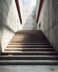 Modern staircase in concrete space. Long concrete stair way to majestic building. Beautiful empty grey stair step in building. Realistic 3D illustration. Generative AI