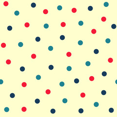 Red Green and Blue Scattered Polka Dot Seamless Repeat Pattern on a Yellow Background