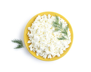 Bowl of tasty cottage cheese on white background