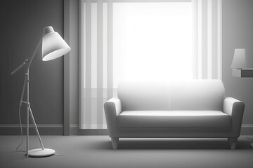 Modern white home with a sofa, lamps, and decorations. mockup for an illustration