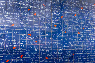 Wall in Montmartre where 'I love you' is written in many international languages, Paris , France - 625691949
