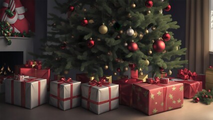 Fototapeta na wymiar christmas gifts under a christmas tree on christmas day Day. Created with generative AI.