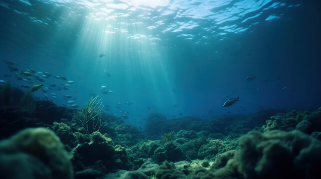 Underwater background deep blue sea.
