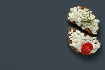 Tasty sandwiches with cottage cheese on black background