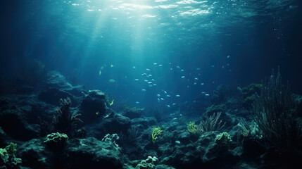 Fototapeta na wymiar Underwater background deep blue sea.