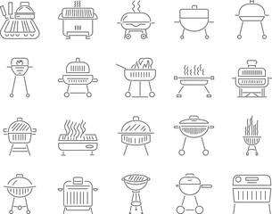 Barbecue Icons Set. Barbeque Grill, Picnic, BBQ. Editable Stroke. Simple Icons Vector Collection