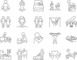 Self-Care and Well-being Icons Set. Health, Love, Hobby, Sport. Editable Stroke. Simple Icons Vector Collection - obrazy, fototapety, plakaty
