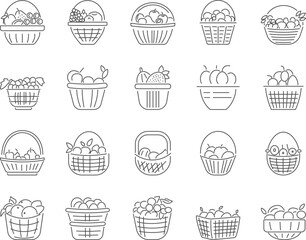 Basket of Fruits Icons Set. Apples, Oranges, Grapes, Pears. Editable Stroke. Simple Icons Vector Collection