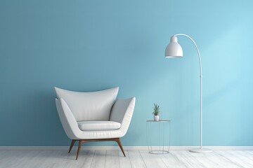 Illustration of a minimalist living room with a white lamp against a blue wall.