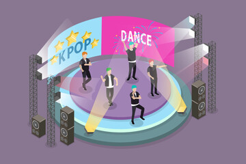 3D Isometric Flat Vector Conceptual Illustration of Kpop Perfomance, Dancing and Singing on Stage