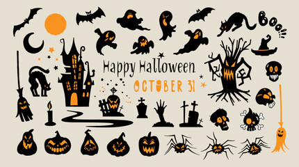 Halloween icons. A set of illustrations for Halloween, black creepy silhouettes. Halloween Stickers