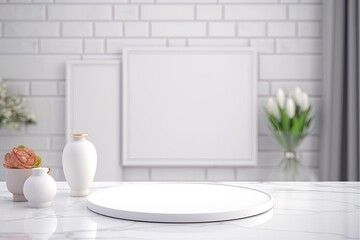 White, sanitary bathroom interior background; contemporary white tabletop for showcasing your product.