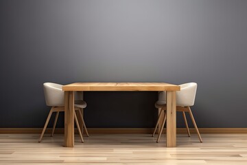 An empty, minimalistic room with a wooden table. design of an abstract basic scenario eating room.