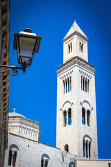 white bell tower in bari, puglia italy, europe, church