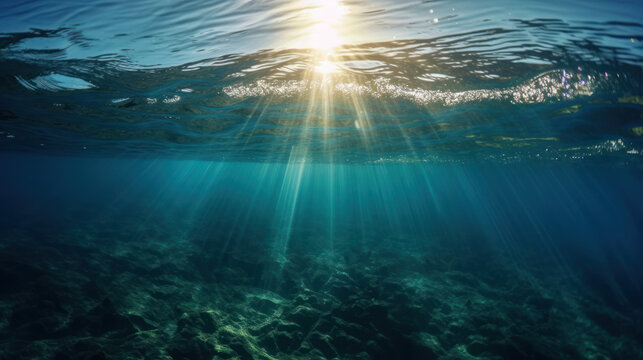 Underwater bliss: mesmerizing blue sky and radiant sun on ocean water surface.