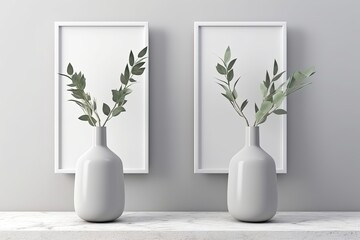 White table and wall background with mock-up white wooden poster frames decorated with eucalyptus leaves in a contemporary white vase.
