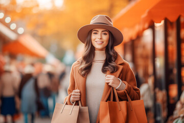 Obraz premium autumn shopping. Portrait of a beautiful young woman holding shopping bags and smiling while standing outdoors. selective focus.