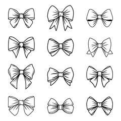 Fototapeta na wymiar Vector Black and White Bow Tie or Gift Bow Silhouette with Outline, Cut Out Icon Set Isolated on White Background. Bows Collection. Bow Shape Design Template
