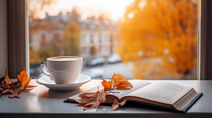 Naklejka na ściany i meble Cup of coffee with book and autumn leaves on windowsill. selective focus.
