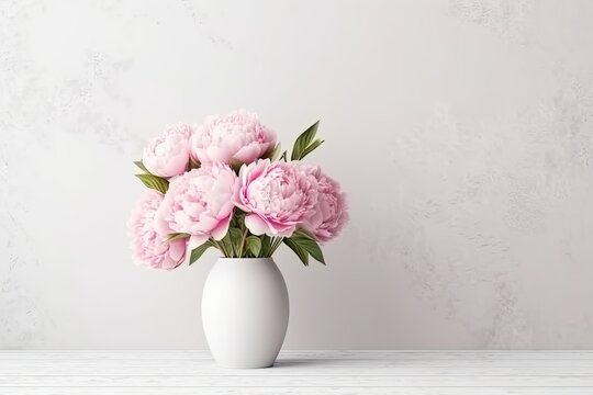 Mockup with pink peonies in a vase and a white frame on a light background.
