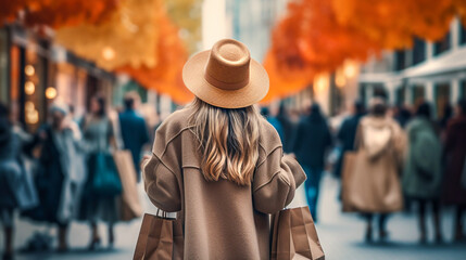 Back view of young woman in hat with shopping bags walking on the street in autumn. selective focus.