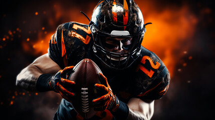 American football player at the stadium in black and orange outfit. Generative AI