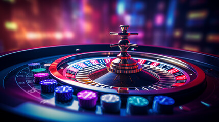 Roulette Wheel, Casino Chips And Coins, Modern Black And Golden Isolated On The Black Background. Casino Gambling Concept. Empty Space For Logo Or Text - Generative AI