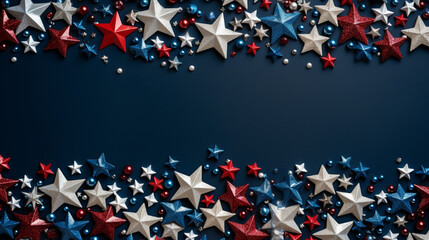 Colors of American Flag. USA Independence Day. Red, Blue and White Stars on Blue Gradient Background. Abstract Background with Many Random Falling Stars Confetti on Generative AI
