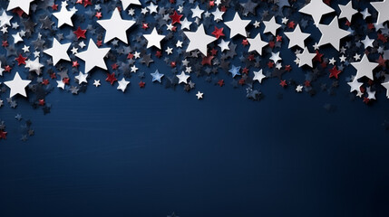 Colors of American Flag. USA Independence Day. Red, Blue and White Stars on Blue Gradient Background. Abstract Background with Many Random Falling Stars Confetti on Generative AI