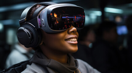  Future is now, young pretty woman use virtual reality headset, digital 3d world. Generative AI